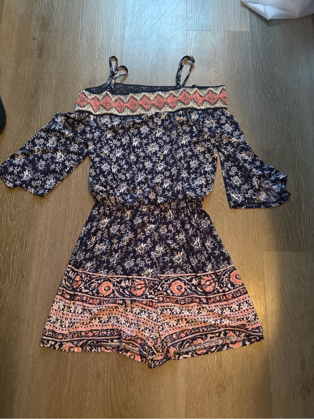 Navy and Coral Off-Shoulder Floral Romper